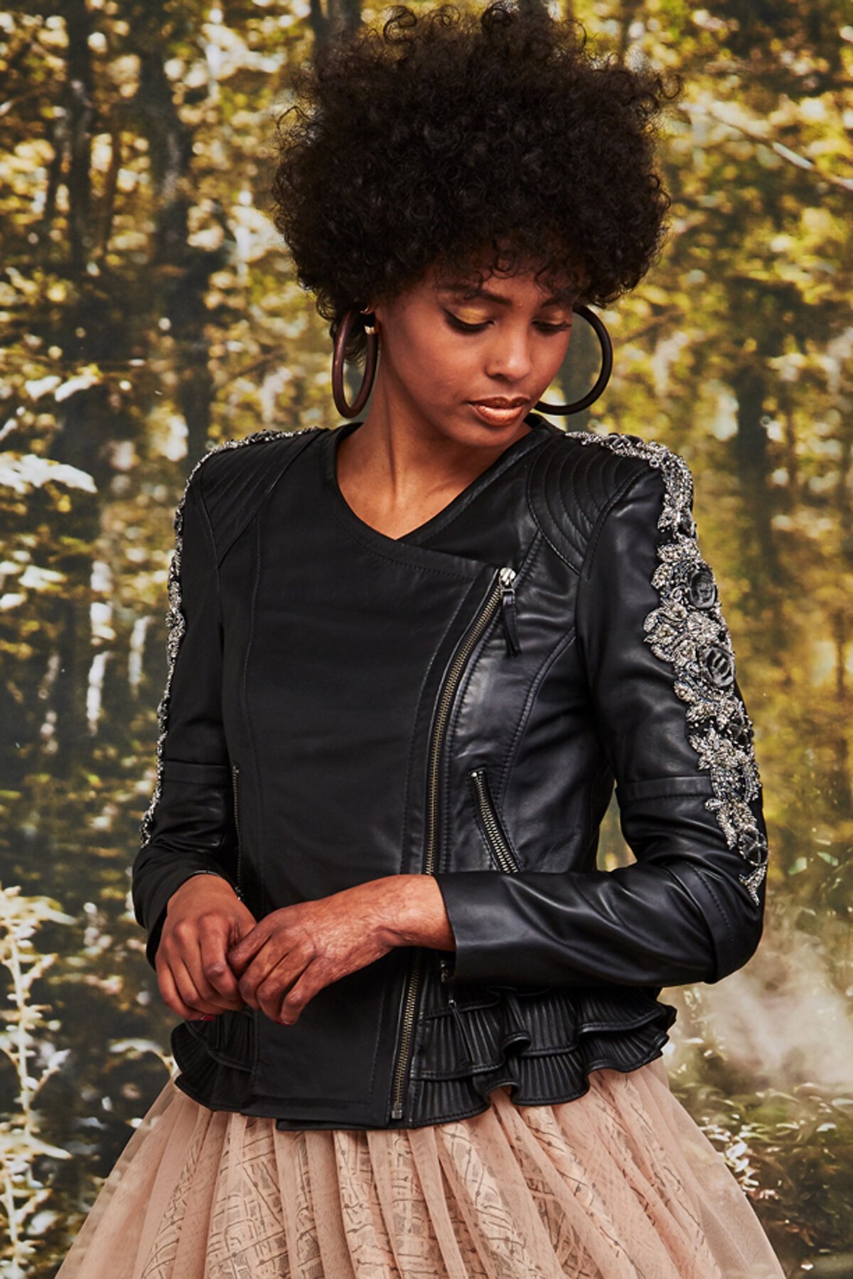 Black frill leather jacket sale