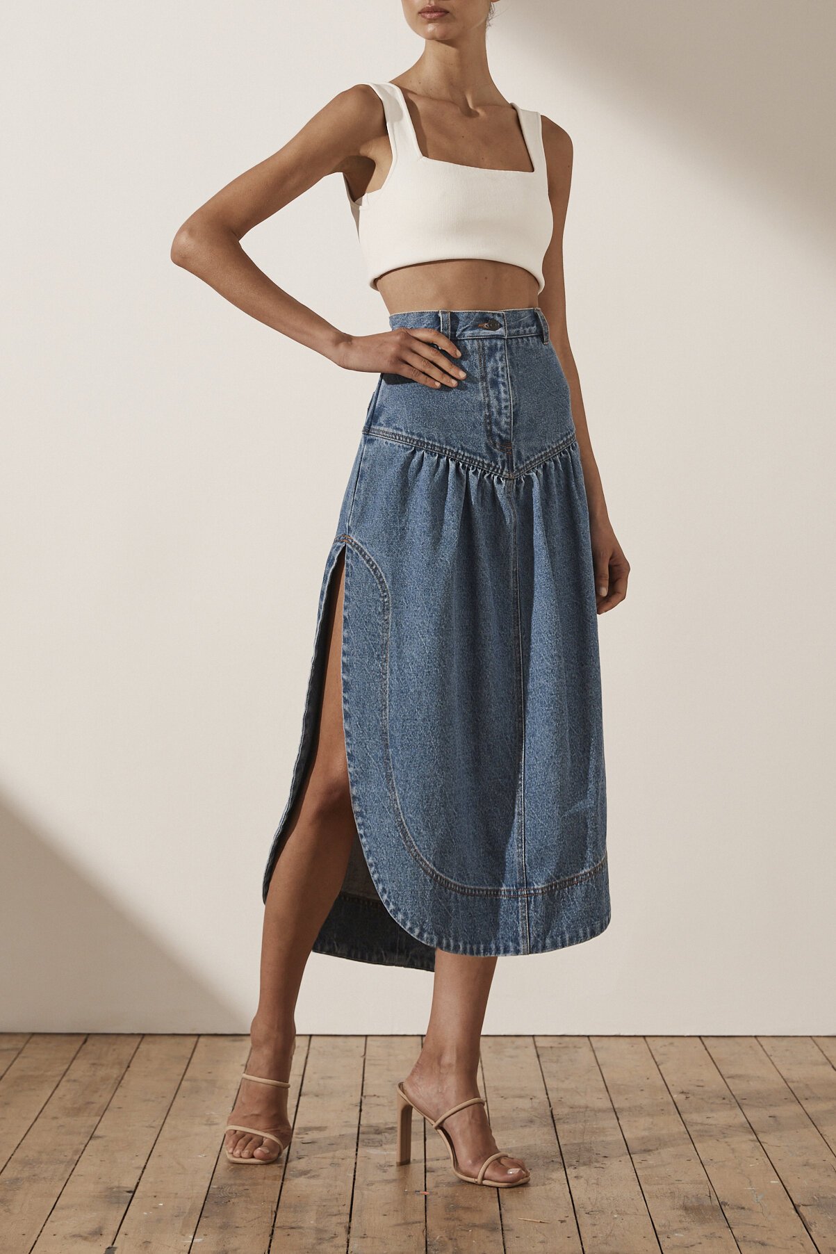 Shona joy 2025 denim midi skirt