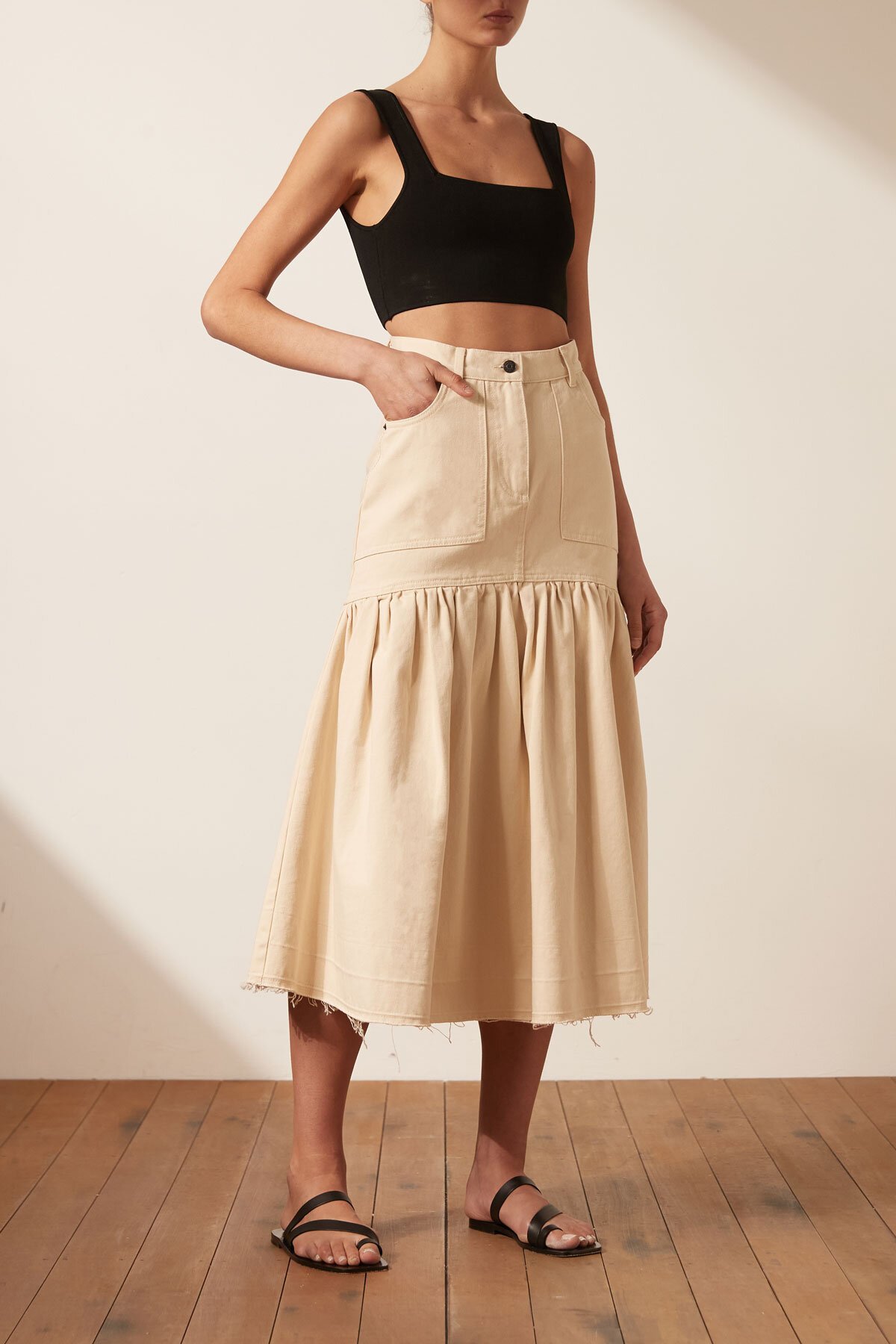 Shona joy 2024 denim midi skirt