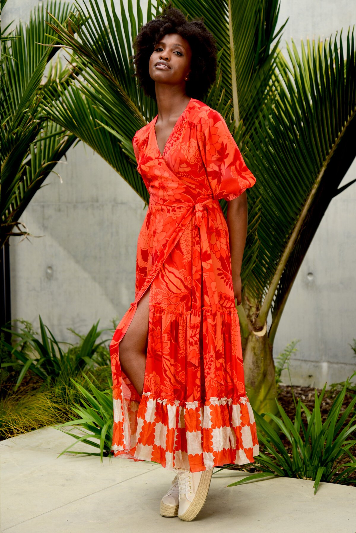 Red floral wrap maxi sales dress