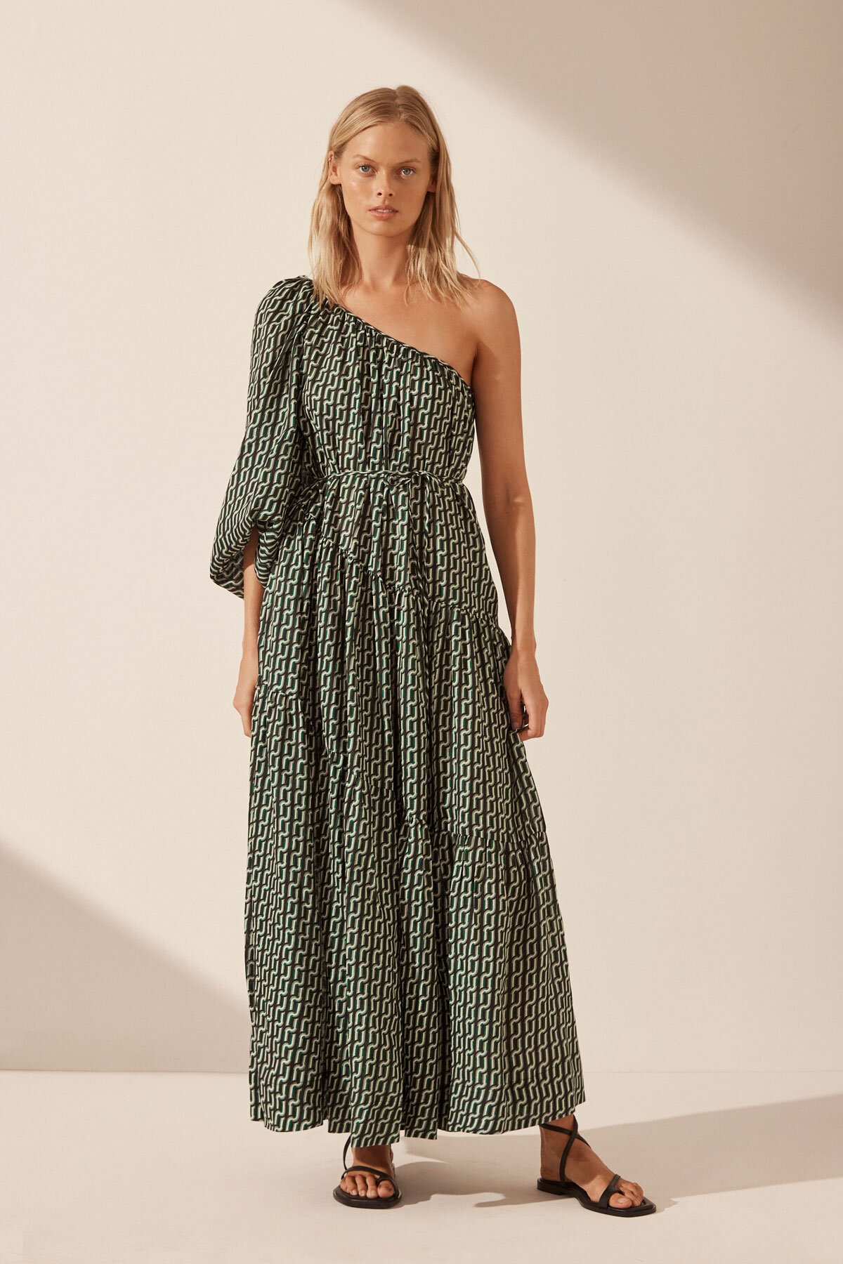 Shona Joy IDA LINEN LONG Sleeve One Shoulder Tiered Dress - Brand